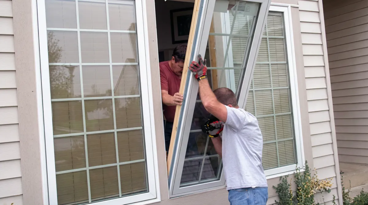 Professional home remodeling team installing a large replacement window on a house with tan siding in Tempe, AZ